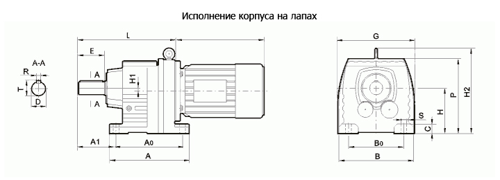 Габаритные и присоединительные размеры соосно-цилиндрического редуктора серии R-корпус на лапах