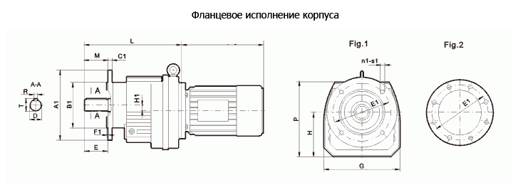 Габаритные и присоединительные размеры соосно-цилиндрического редуктора серии RF-фланцевое крепление корпуса